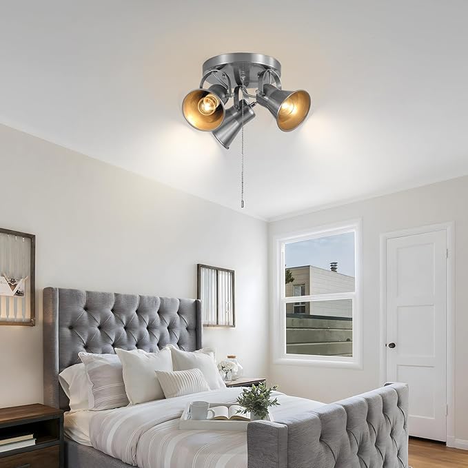 SEEBLEN 3-Light Ceiling Lights with Pull Chain, Adjustable Round Kitchen Ceiling Light, Morden Nickel Flush Mount Directional Track Light for Kitchen, Hallway, Dining Room, Bathroom, Coffee Bar