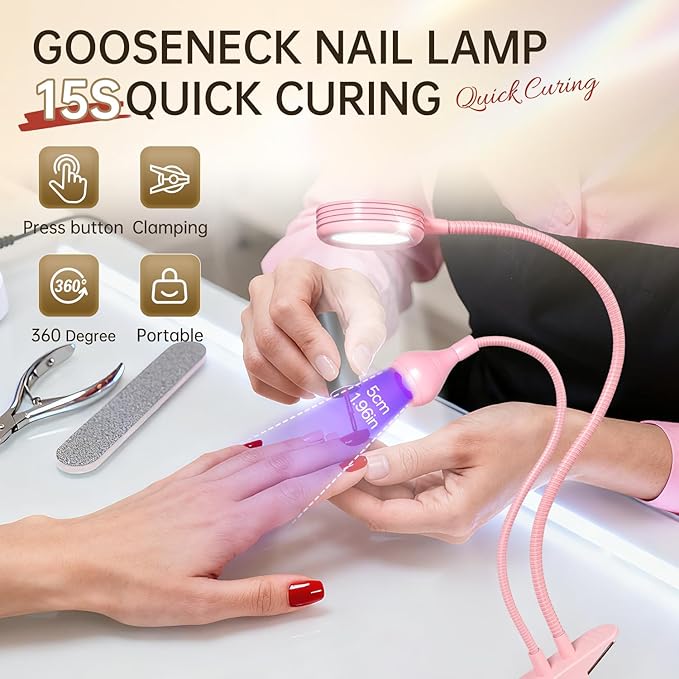 AORAEM LED Nail Lamp Double-Headed UV LED Light Quicky-Dry Duck Neck UV Lamp Dryer Curing Light with Portable Gooseneck and Clamp Flash Cure U V Light for Gel Nails Professional Home DIY Salon Pink