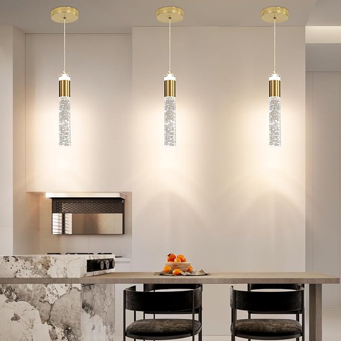 3 Pack Modern Kitchen Island Pendant Lights, Gold Bubble Crystal Ceiling Hanging Light, 3 Color 2700K/4500K/6500K, Mini Linear LED Chandelier Lighting for Dining Room, Bedroom, Bar, Hallway, Bedside