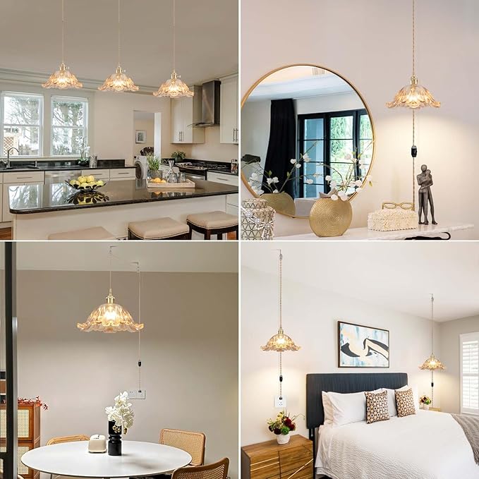 Plug in Pendant Light Fixtures,Hanging Light Fixture Flower Amber Glass Pendant Light 11 inch E26 Pendant Lighting for Kitchen Island, Bedroom, Dining Room, Living Room
