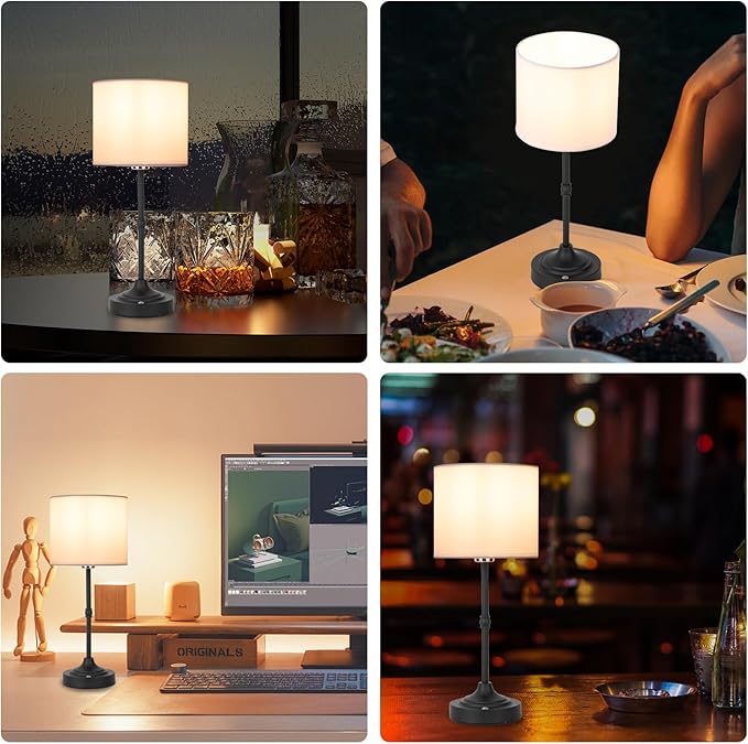 Rechargeable Cordless LED Table Lamp Fabric Shade Desk Lamp, 3-Level Dimmable Touch Control, 5200mAh, Patio Table Lamp, Bedside Night Lamp, Ambient Light for Restaurant.(Black)