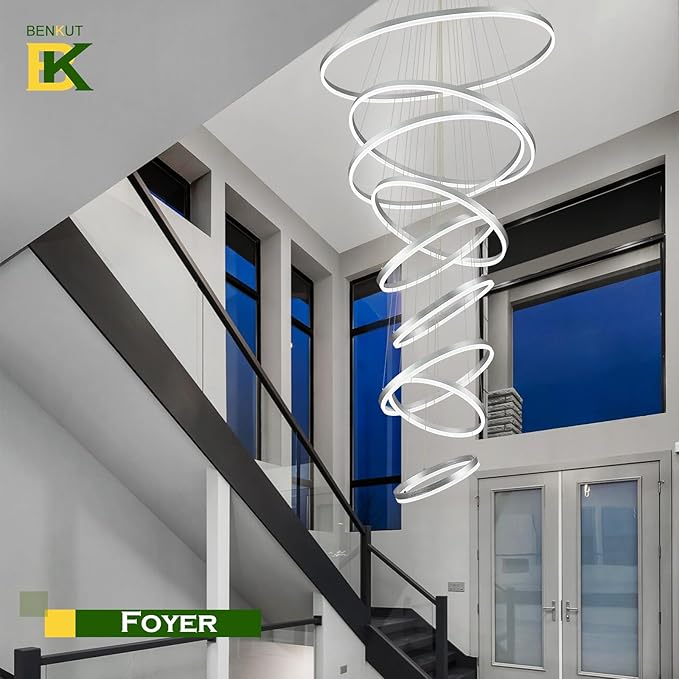 Benkut 9 Rings Modern LED Chandelier Silver Dimmable Large Foyer Chandeliers Entryway High Ceiling for Staircase, High Ceiling Pendant Lights for Entryway Living Room, 3000K-6500K CCT