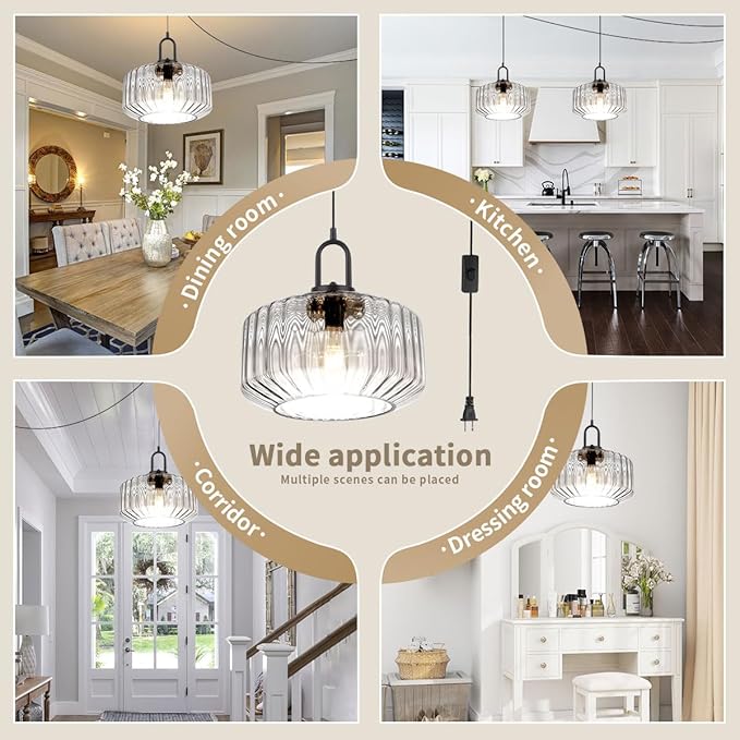 Hanging Pendant Light Plug in Plug in Pendant Lamp Globe Hanging Lights with Plug in Cord for Bedroom Mid Century Modern Ceiling Light fixtures Clear Striped Glass Swag Lights Kitchen