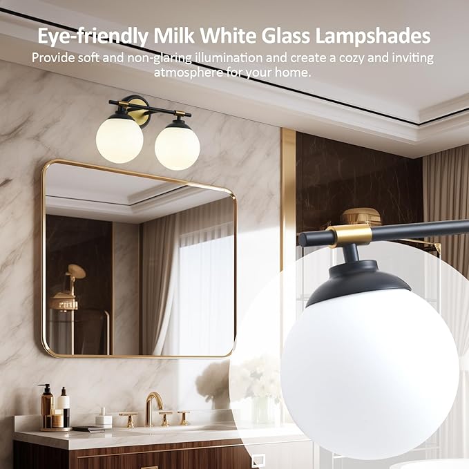 Rayogale Bathroom Light Fixtures, 2-Light Black & Gold Vanity Lights Over Mirror with White Glass Shade, 15 Inch Bathroom Wall Sconces for Bedroom Living Room (Bulbs Not Included)