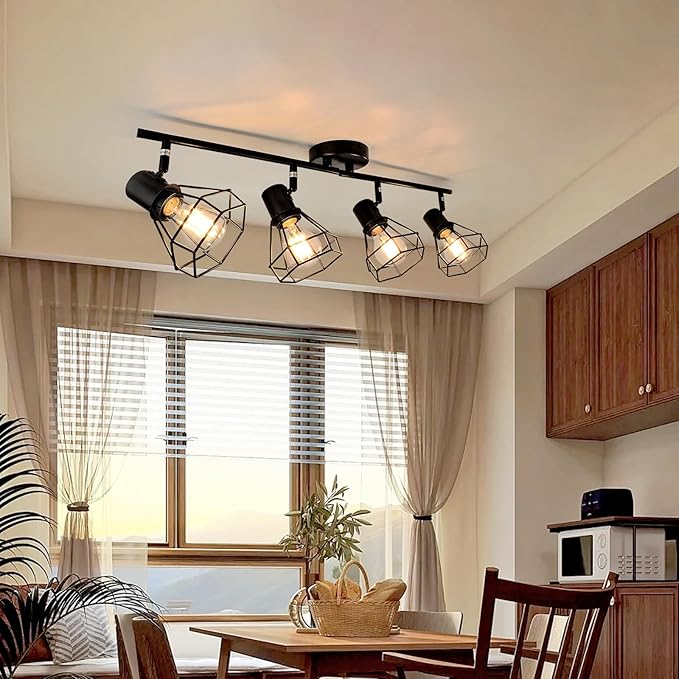 HiBay 4-Light Track Lighting Farmhouse, Directional Ceiling Track Light Fixtures Black, Industrial Flush Mount Spotlight for Kitchen, Dining Room, Bedroom, E26 Base (Bulbs Not Included)