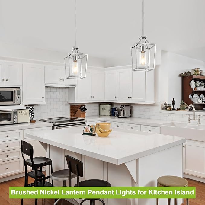 Brushed Nickel Lantern Pendant Light Fixture Pendant Lights for Kitchen Island with Clear Glass Shade, Adjustable Height Rods Pendant Lighting for Dining Room Kitchen Foyer Hallway
