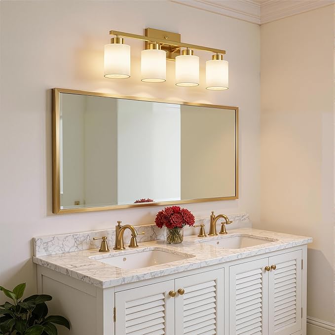PARTPHONER 4-Light Brushed Gold Bathroom Light Fixtures, Modern Vanity Light Over Mirror Lighting, Wall Sconce with Frosted Milky White Glass Shades for Bedroom Living Room Kitchen Hallway