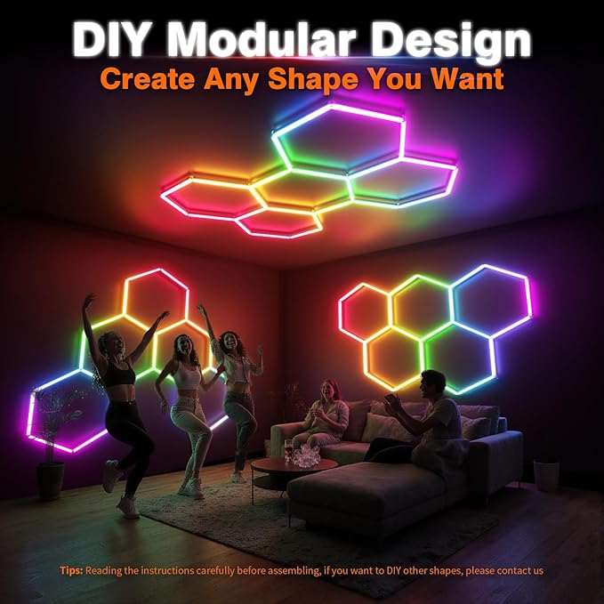 RGB Hexagon Garage Lights, Music Sync LED Hexagon Lights for Gaming Room, Smart App & Remote Control, DIY Honeycomb Ceiling Light for Studio Gym Basement Deco