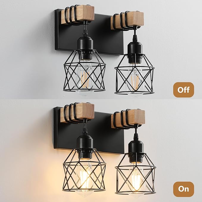 Farmhouse Vanity Light Fixture,2-Light Bathroom Lighting,Black Industrial Wood Wall Light Over Mirror with Metal Shade