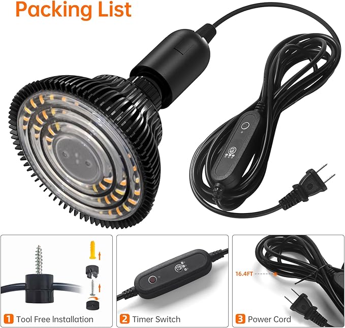 Bstrip Hanging Grow Light for Indoor Plants Full Spectrum, Black Plant Bulb with Optical Lens for Enhanced PPFD, Pendant Grow Light with Timer, 16.4 FT Power Cord, Perfect for Tall Plants and Flowers