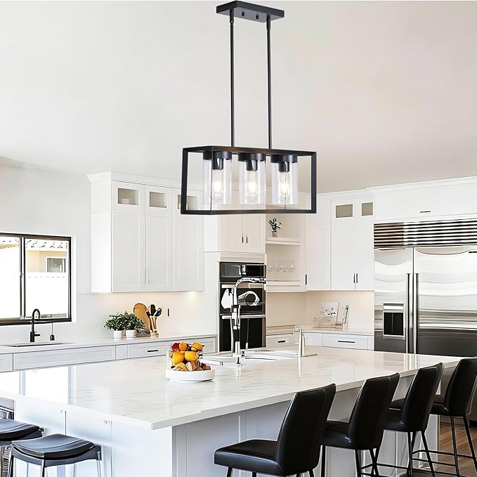 Black Rectangle Farmhouse Chandeliers, 3-Light Dining Room Light Fixture with Clear Glass Shades,Modern Metal Industrial Kitchen Island Lighting Fixtures Ceiling Hanging Pendant Lights