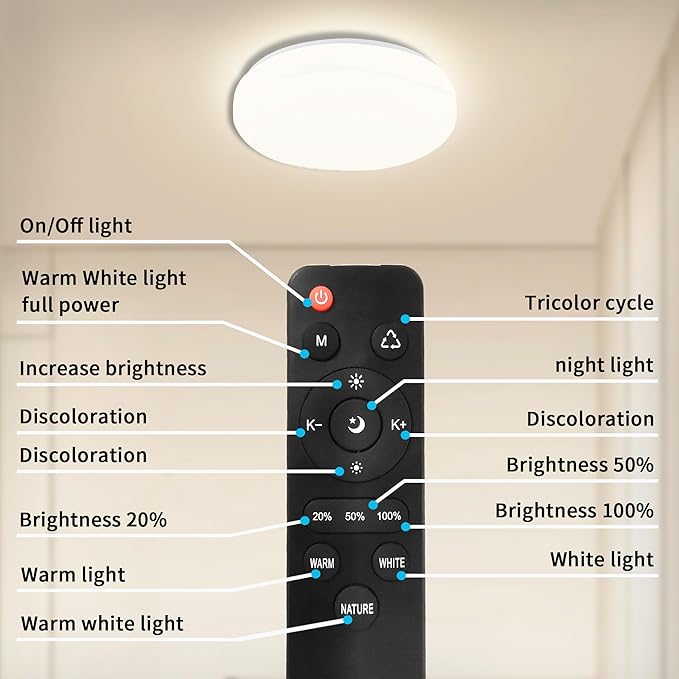 13 Inch Flush Mount Ceiling Light Fixture with Remote Control,24W Dimmable 3000K-6500K Light Colors Adjustabl,Modern Ceiling Lights for Bedroom,Kitchens