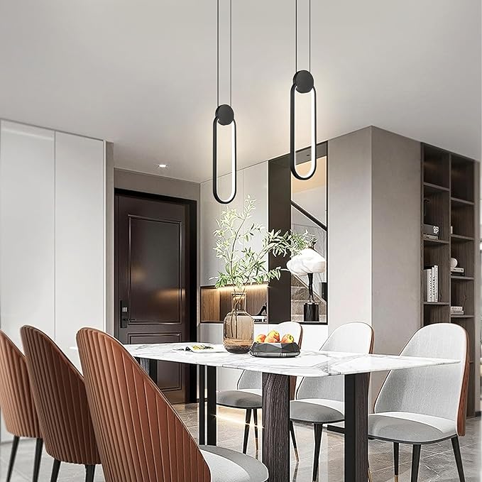 Modern Pendant Lights 2 Pack, Black LED Pendant Light 3000K Dimmable, Adjustable Height Oval Pendant Light Fixtures for Kitchen Island Bedroom Bathroom
