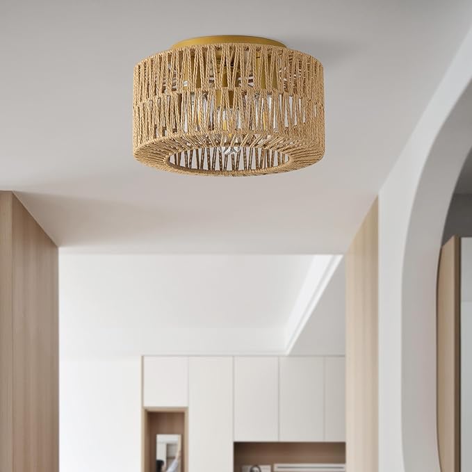 12.6”Rattan Flush Mount Ceiling Light Fixtures, 3-Light Boho Light Fixture Rattan Hand-Woven Chandelier Close to Ceiling Light Fixture for Bedroom Hallway Kitchen Dining Room Nursery(Brown)