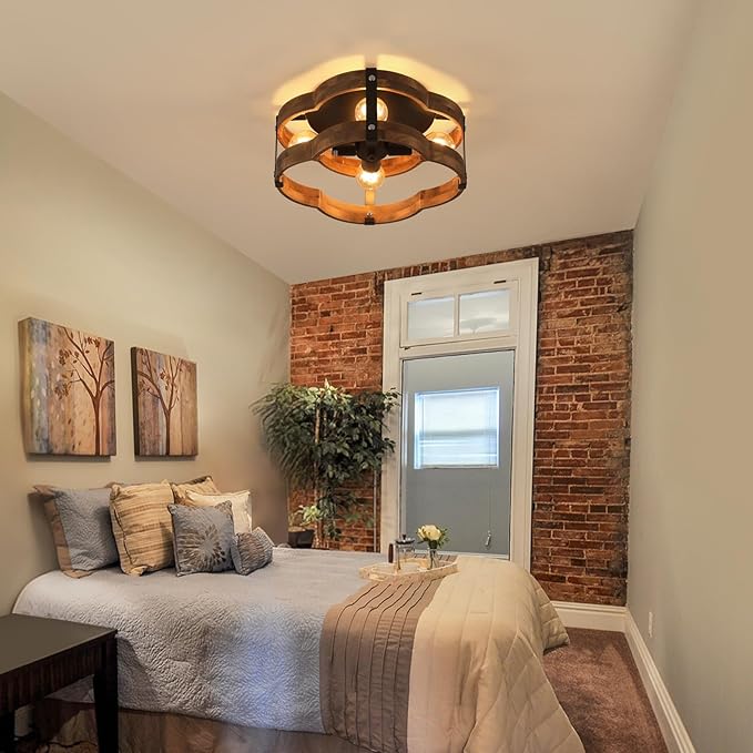 4-Light Rustic Farmhouse Wood Flush Mount Ceiling Light Fixture 14.17 inch Oak Wood and Metal Cloud Cage Semi Flush Mount Ceiling Light for Hallway Hall Entry Bedroom Farmhouse Indoor, Black