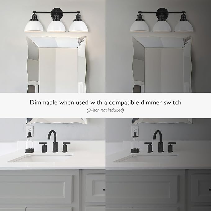 Design House Savannah Rustic Farmhouse 3-Light Bathroom Vanity Light, Dimmable, Matte Black, White Metal Shade, 26 in x 9 in x 10.88 in, 588301