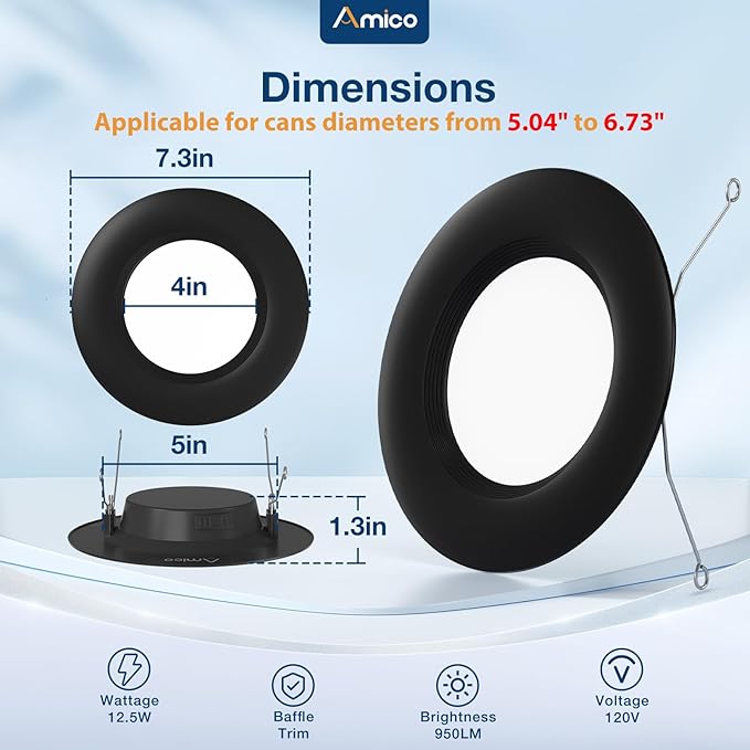 Amico 4 Pack 5/6 inch 5CCT LED Recessed Lighting, Dimmable, 12.5W=100W, 950LM, 2700K/3000K/4000K/5000K/6000K Selectable, Retrofit Can Lights with Baffle Trim, IC Rated - ETL & FCC, Black