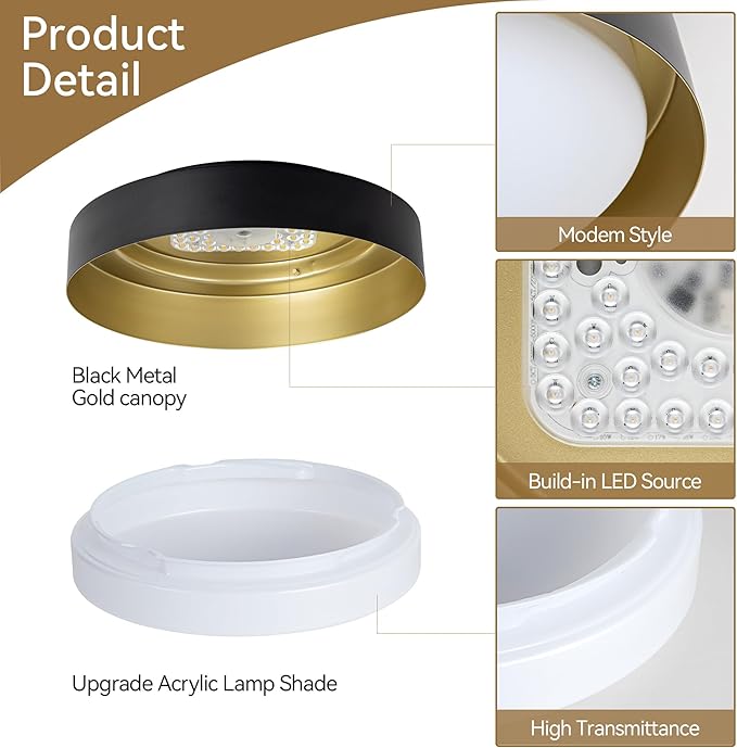 12 Inch LED Flush Mount Ceiling Light, 18W Flush Mount Light Fixture in Black and Gold Finish, Dimmable Ceiling Light for Bedroom, Hallway, Entryway, Bathroom, Kitchen 3000K Warm White