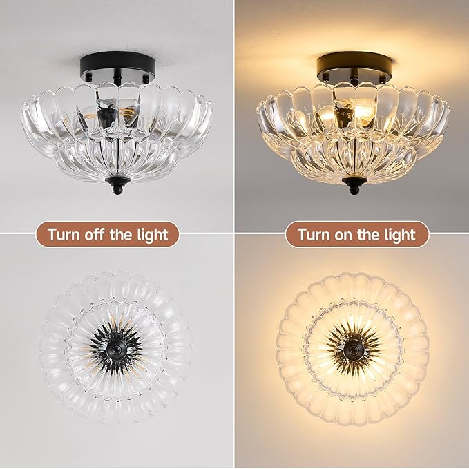 semi Flush Mount Ceiling Light Fixture - 3-Light Vintage Crystal Glass with Black Metal Frame, Modern Close-to-Ceiling Lighting for Bedroom, Kitchen, Living Room or Hallway, e26 Base