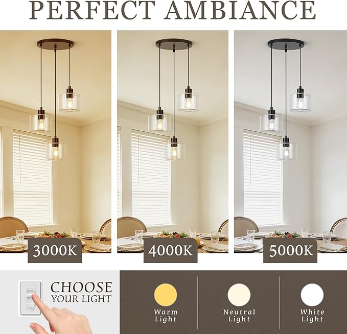 3-Light Pendant Lighting, Black Dining Room Chandelier Light Fixture Over Table with Clear Glass, Modern Cluster Hanging Lights for Kitchen Island Dining Room Sink, OS-YQ8153-3BKC