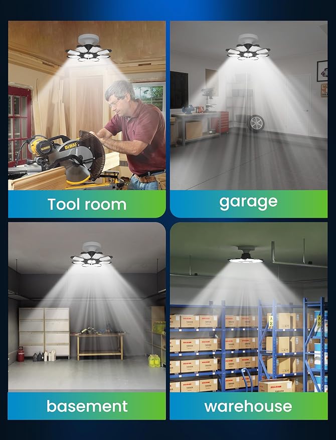 LED Garage Lights - 250W Ceiling LED with 8 Adjustable Panels, 25000LM Deformable Shop Light for Garage, Basement, Barn, High Bay Light, Support E26/E27 Screw Socket (4 Pack)