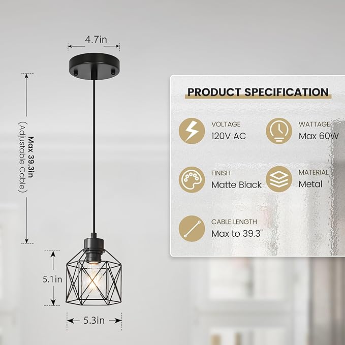 3 Pack Hanging Pendant Light Fixtures, Farmhouse Kitchen Island Light Fixture, Industrial Hanging Pendant Lighting for Dining Room Bedroom Hallway, Black Metal Cage Pendant Lamp, E26 Base