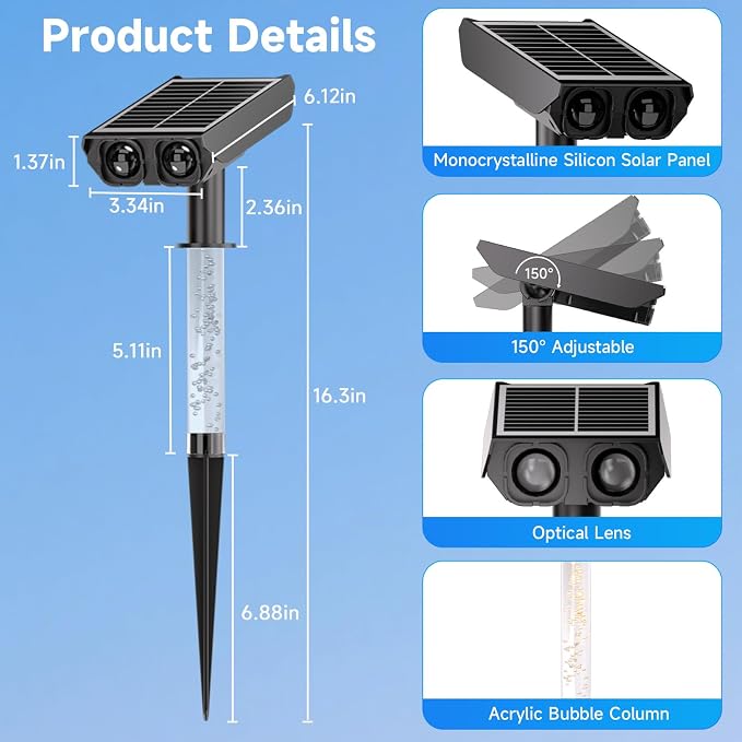 Solar Lights Outdoor Waterproof IP65,Outside Solar Landscape Spotlight with Ambient Light Column and Adjustable Aperture for Garden Yard Pathway Lawn,2 IN 1 Can Used as Wall Lamp,Warm White- 6 Pack