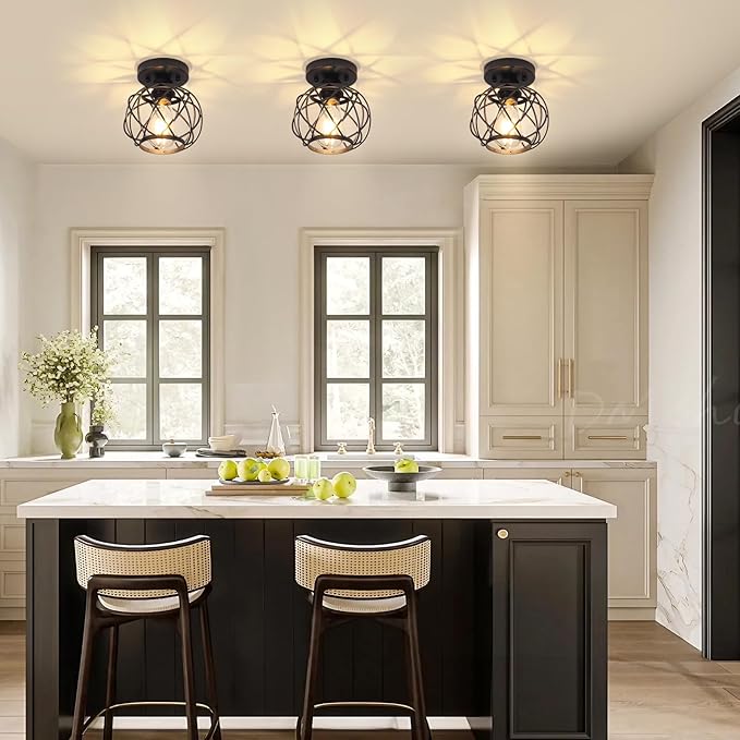 Hallway Light Fixtures Ceiling,Semi Flush Mount Ceiling Lights Fixtures Black Metal Cage Indoor Industrial Ceiling Lights Modern Crystal Ceiling Light Fixture for Porch Entryway Foyer Bathroom