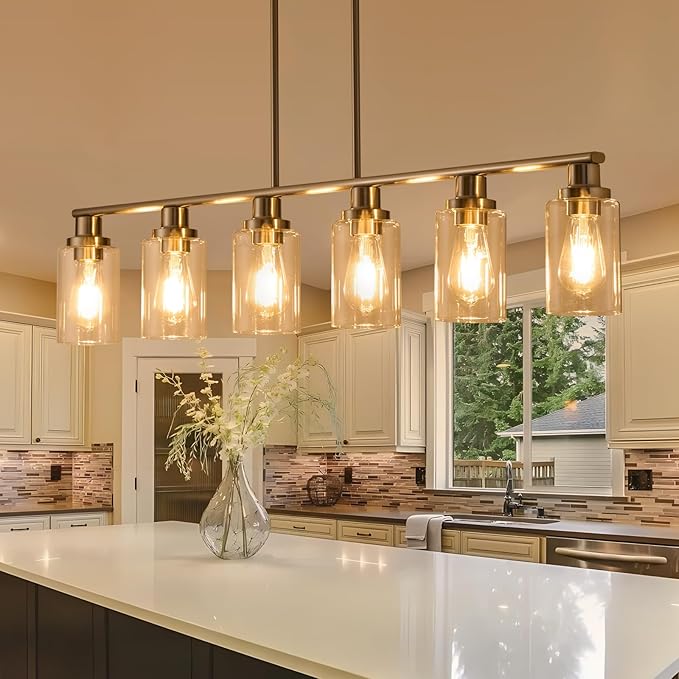 Dining Room Light Fixtures Over Table,6-Light Farmhouse Kitchen Island Lighting,44.3'' Linear Chandelier Pendant Lighting for Kitchen Island for Brushed Nickel Finish with Clear Glass Shade