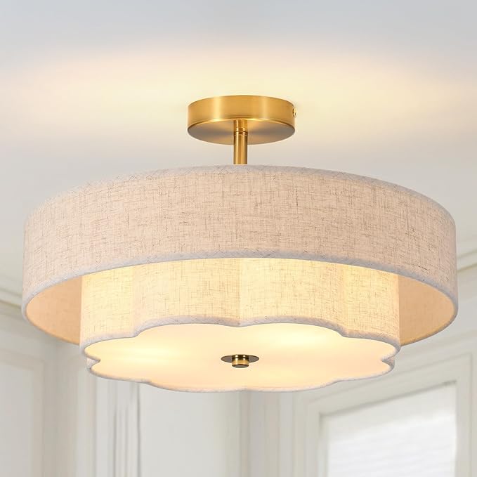 3-Light Drum Semi Flush Mount Ceiling Light, 17.7" Modern White Drum Ceiling Lighting Fixture,Vintage 2-Layer Linen Ceiling Lamp for Dining Room,Kitchen, Basement, Bedroom, Laundry Room