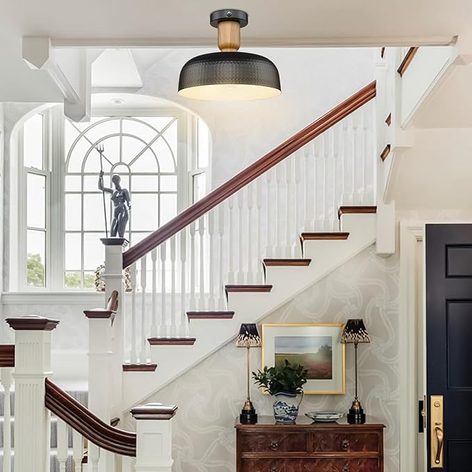 Darkaway Dusk to Dawn Industrial Semi Ceiling Light Fixtures, Flush Mount Indoor Outdoor Ceiling Light with Black Hammered Metal Shade Outdoor Porch Foyer Entryway