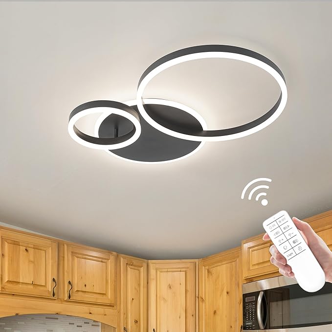 O'NEELDY Modern Dimmable LED Flush Mount Ceiling Light Remote Control Acrylic Ring Chandelier, 48W 3000K-6000K Adjustable, Black Fixture for Bedroom, Living Room, Dining Room, Kitchen and Hallway