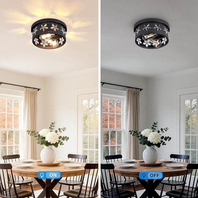 10.6 inch Black Flush Mount Ceiling Light Fixtures, 2-Light Ceiling Mount for Industrial, Crystal Light Fixtures for Farmhouse, Bedroom, Living Room, Kitchen, Hallway and Foyer (2 Pack)
