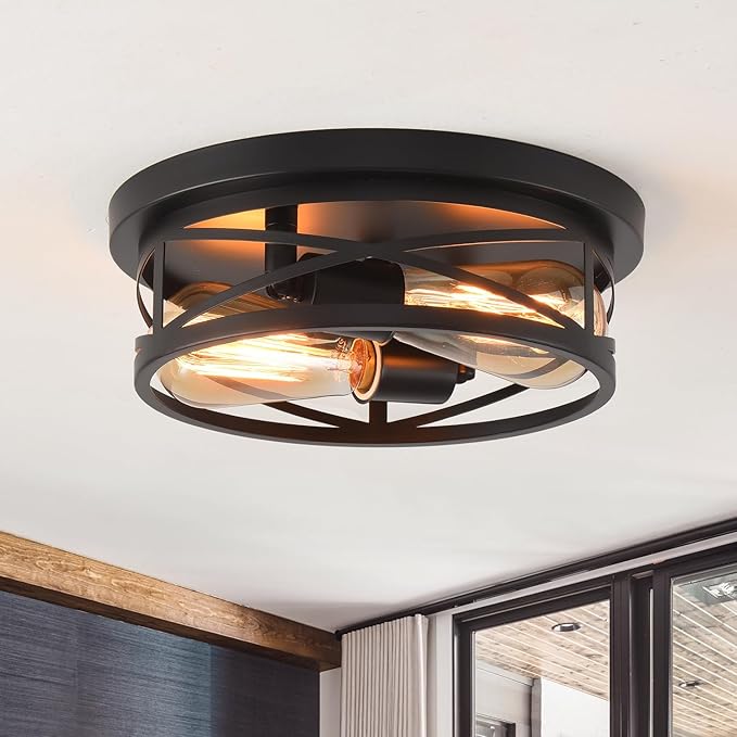 Black Flush Mount Ceiling Light,Hallway Light Ceiling Mount,Industrial Vintage Metal Cage Close to Ceiling Lights for Kitchen,Farmhouse,Bedroom