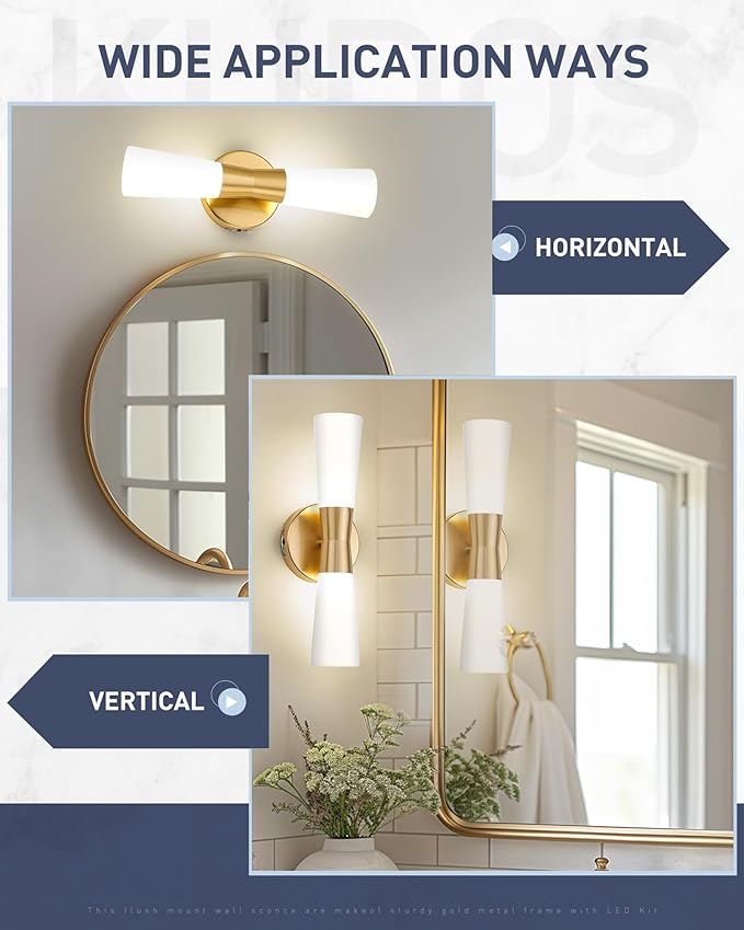 kudos Bathroom Sconces Set of 2,16inches Gold Wall Sconces, Modern Bathroom Light Fixtures with Milk White Glass, Dimmerable 3000K/4000K/5000K for Bedroom Hallway, KDVL13-GD-2PK