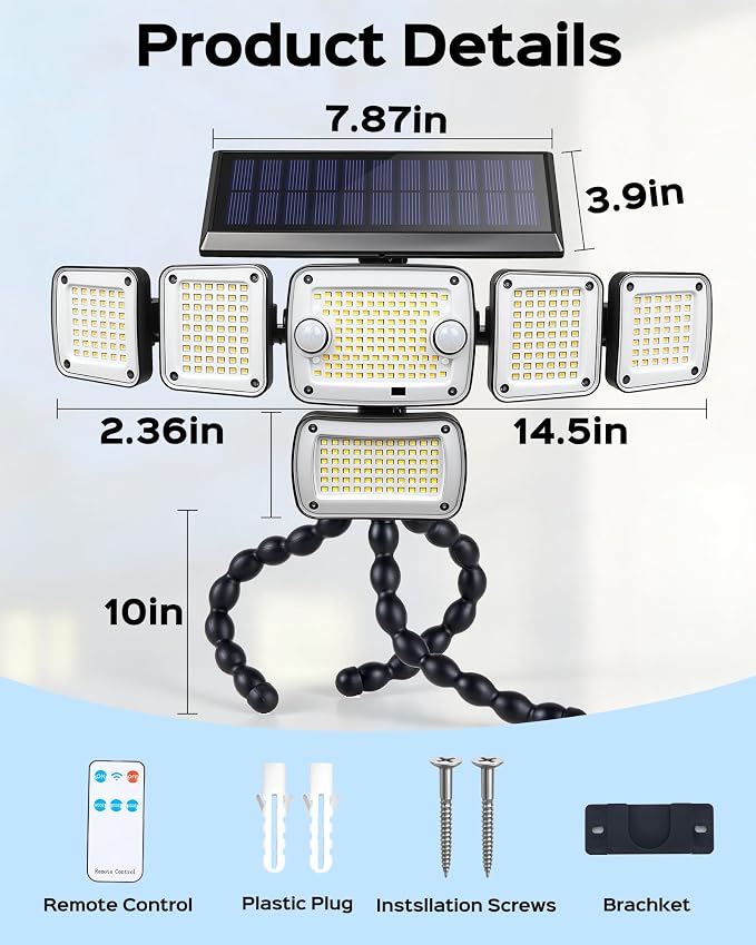 Motion Sensor Outdoor Lights with Flexible Octopus Tripod,5000LM 336LED Security Flood Lights with Remote Control, 360°Wide Angle, 6 Heads Solar Lights Outdoor Waterproof for Yard Patio Garage(2pack)