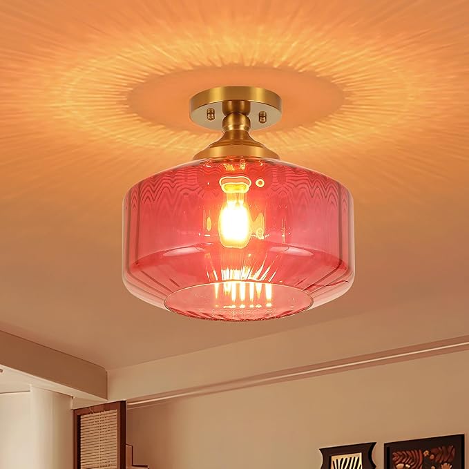 11.8in Semi Flush Mount Ceiling Light Fixture, Vintage Striated Glass Kitchen Lighting Fixtures Ceiling Mount for Entryway Hallway Bedroom Dining Room Bathroom Foyer Laundry (Purple)