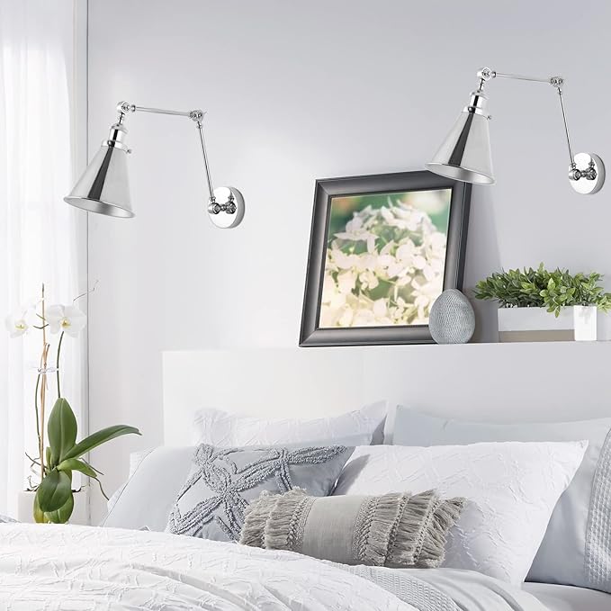 JONATHAN Y 7" Chrome Classic Industrial Metal Adjustable Arm LED Wall Sconce for Bedside Reading, Farmhouse Swing Arm Wall Lamp with Metal Shade, Hardwired (JYL7460A-SET2)