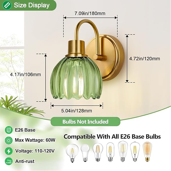 2-Pack Brushed Gold Bathroom Vanity Light, Single-Head Wall Sconce with Ribbed Green Tulip Glass Shade, Vintage Bathroom Light Fixtures for Bedroom, Hallway & Bedside (Bulbs Not Included)