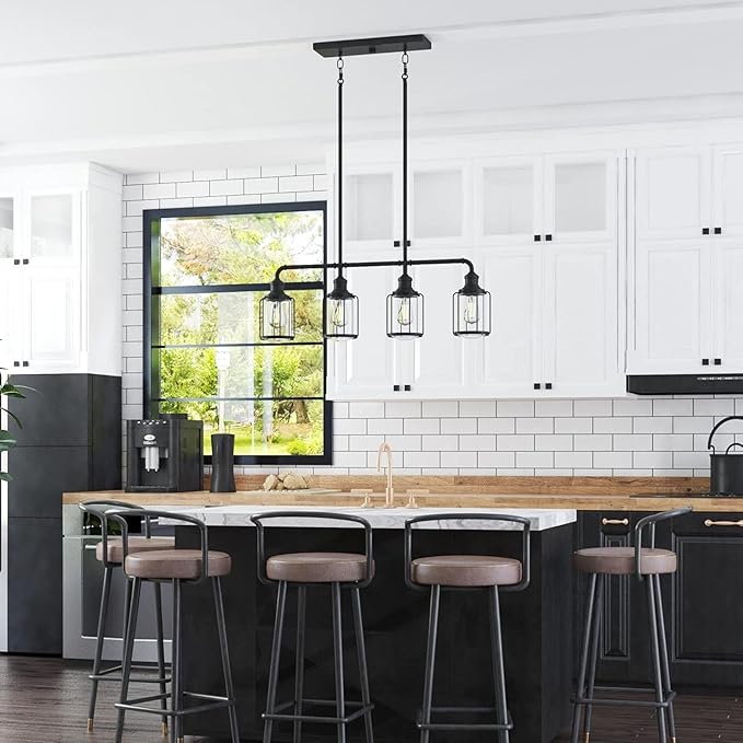 Prominence Home Lincoln Woods 4 Light Matte Black Industrial Kitchen Island, Pendant Light with Cage and Clear Glass - 51547-01