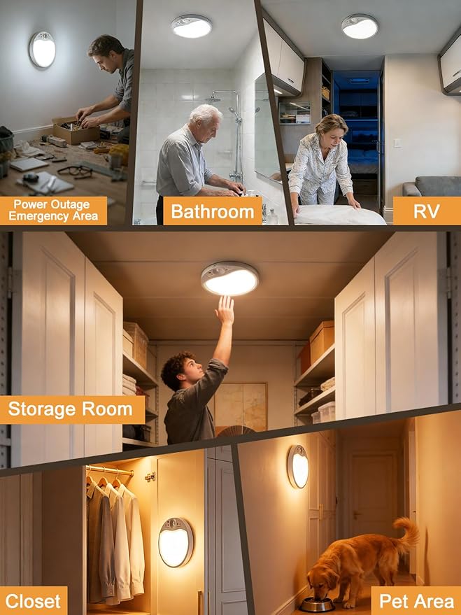 TANBABY Rechargeable Motion Sensor Ceiling Light Indoor with Remote, 3-Color Wireless Battery Operated Lights, 7'' Slim Ceiling Light Adjustable Motion Timer 30s/60s/120s for Closet Shower Hallway