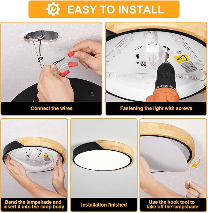 Vikaey Modern LED Ceiling Light, Minimalist Wood Flush Mount Ceiling Light Fixture, 4000K Not Dimmable, Circle Lighting Lamp with Acrylic Lampshade for Bedroom Laundry Room Hallway (Black,11.8")