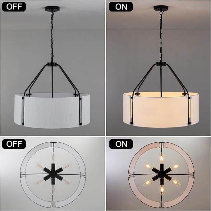 Drum Chandeliers, Modern 23'' Farmhouse Pendant Light Fixture with White Linen Fabric Shade, Black Round Adjustable Hanging Lights for Dining Room Bedroom Kitchen Living Room Foyer Entryway