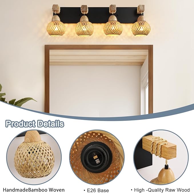 LmnLvn Farmhouse Bathroom Light Fixture, 4-Light Boho Vanity Light, Bamboo Bathroom Light Fixture Over Mirror Rustic Vanity Lighting with Handmade Bamboo Shades, Suit for Restroom, Bedroom, Hallway