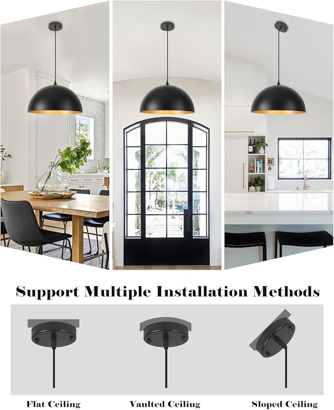 Large Pendant Lights Kitchen Island 3 Packs, 16 inch Black and Gold Dome Pendant Light, Industrial Farmhouse Pendant Lights Fixtures Metal for Kitchen Island, Dining Room, Cafe, Bar