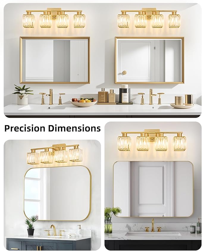 OKELI 4-Light Bathroom Light Fixtures, Modern Gold Crystal Wall Light for Bathroom,Lighting Fixtures Over Mirror