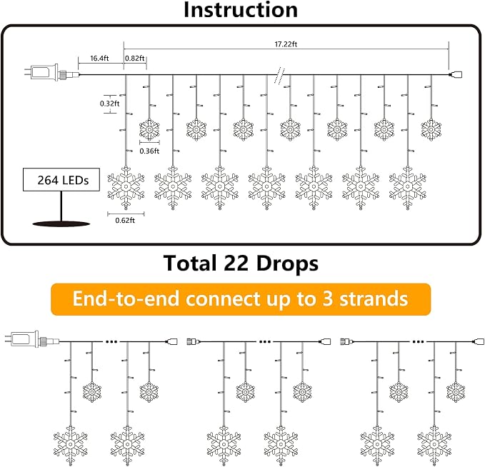 Toodour Christmas Snowflake Lights Outdoor, 17.22ft 264 LED Snowflake Icicle Lights with 22 Drops, Connectable, 8 Modes Waterproof White Christmas Light for Curtain, Eaves, Window, Xmas Decorations
