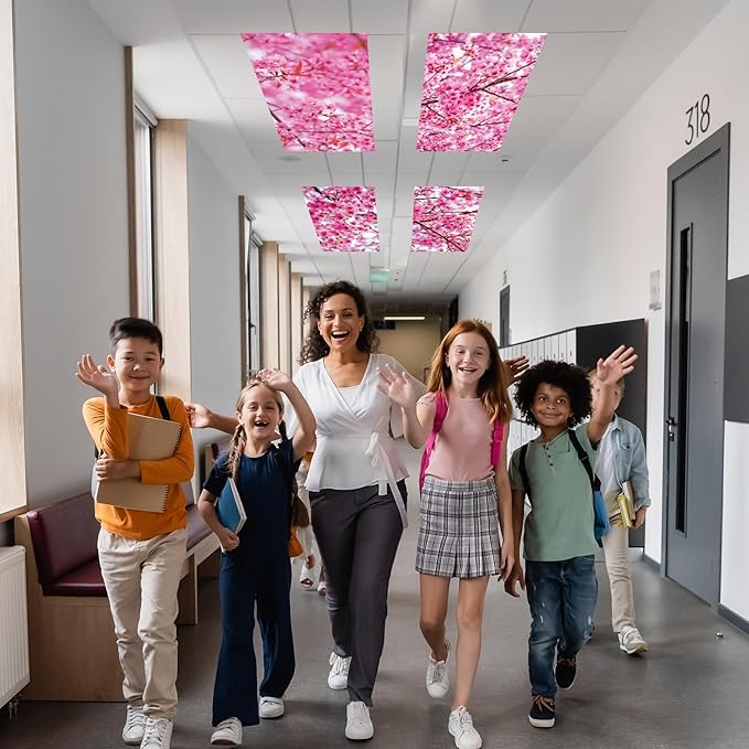 Wiooffen 6 Pcs Fluorescent Light Covers with 60 Magnets Decorative for Classroom Ceiling Light 4 x 2 Feet Magnetic Lights Covers Filter Easy Install for Office Hospitals & Home (Cherry Blossom)