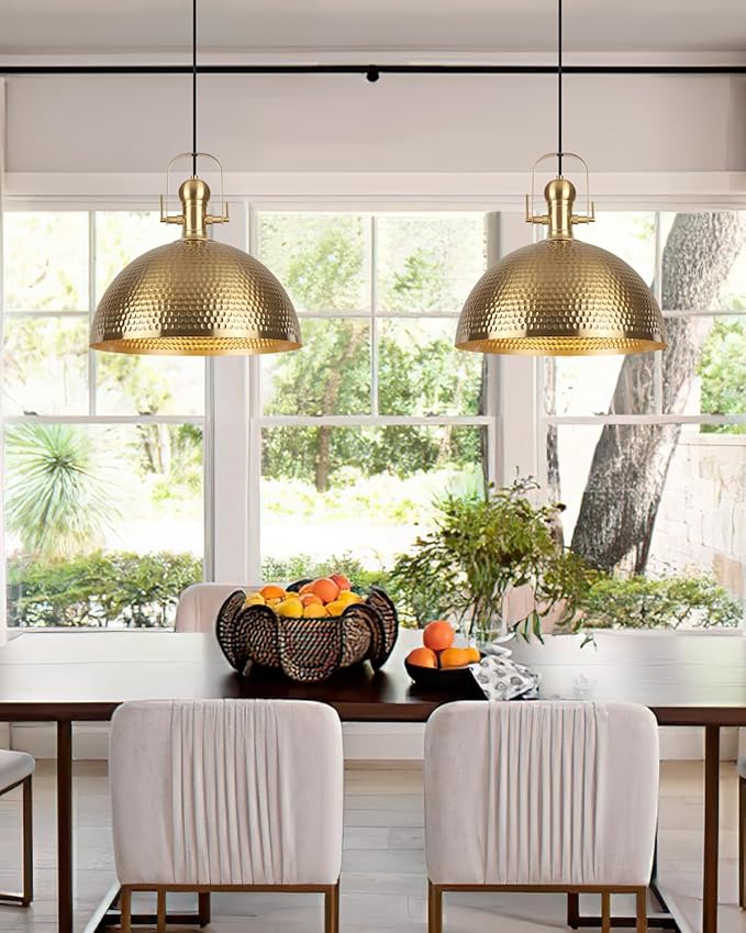 15.7 Inch Gold Pendant Light 2 Pack, Hammered Industrial Pendant Lights,Fixtures Adjustable Height Dome Pendant Light for Dining Room Bedroom Bar