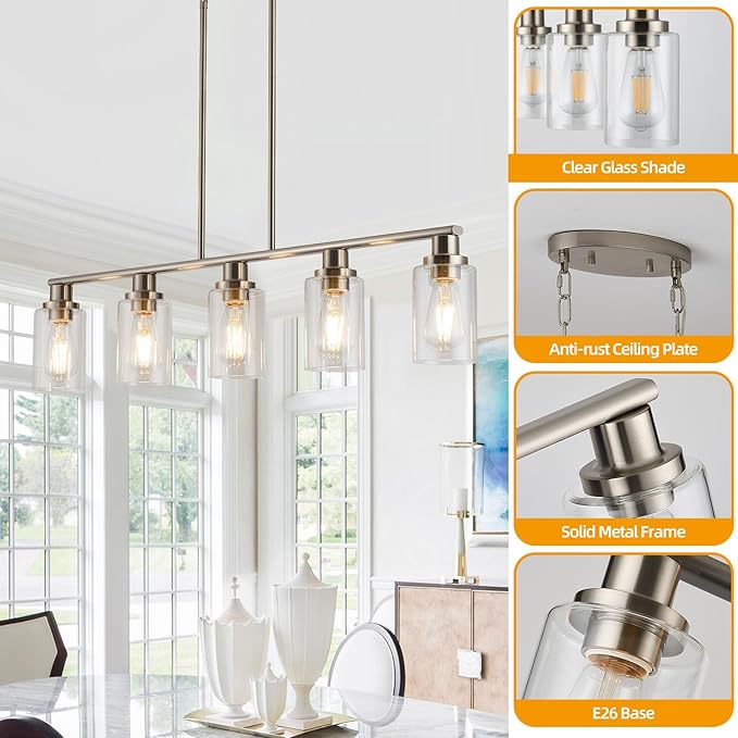 Kitchen Island Pendant Lighting, 5-Light Farmhouse Dining Room Light Fixture Over Table, Brushed Nickel Finish with Clear Glass Shade, Rustic Industrial Linear Chandelier for Kitchen Island